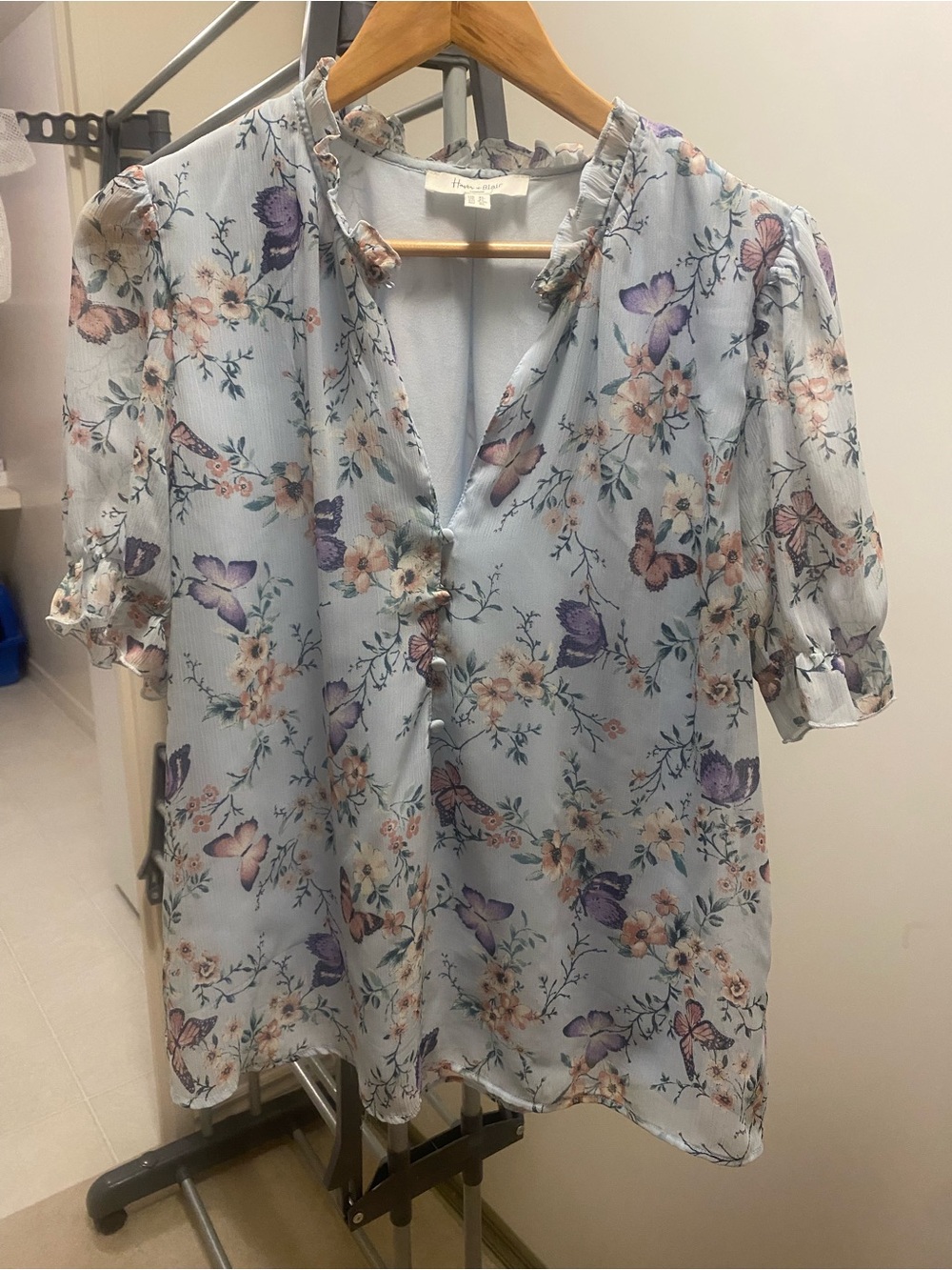 Light Blue Floral & Butterfly Ruffle-Trim Blouse